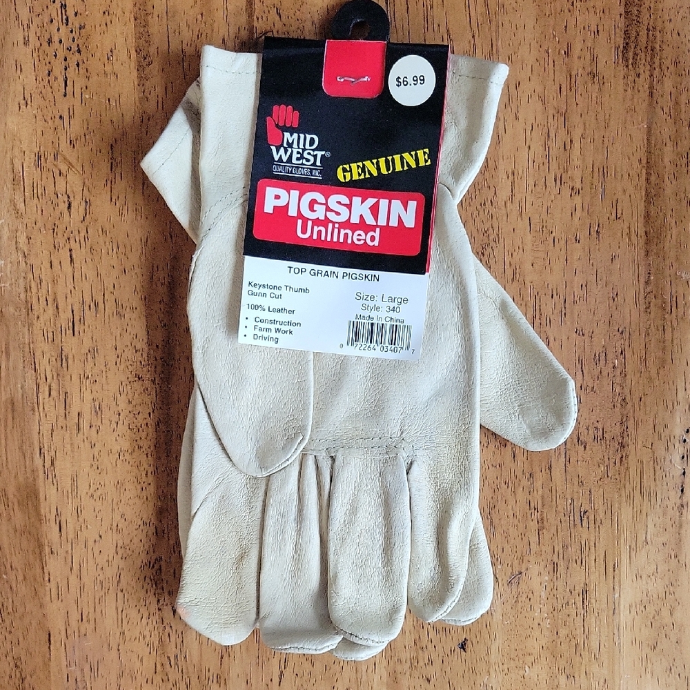 NEW size large Vintage Midwest Pigskin Leather Unlined Beige Gloves